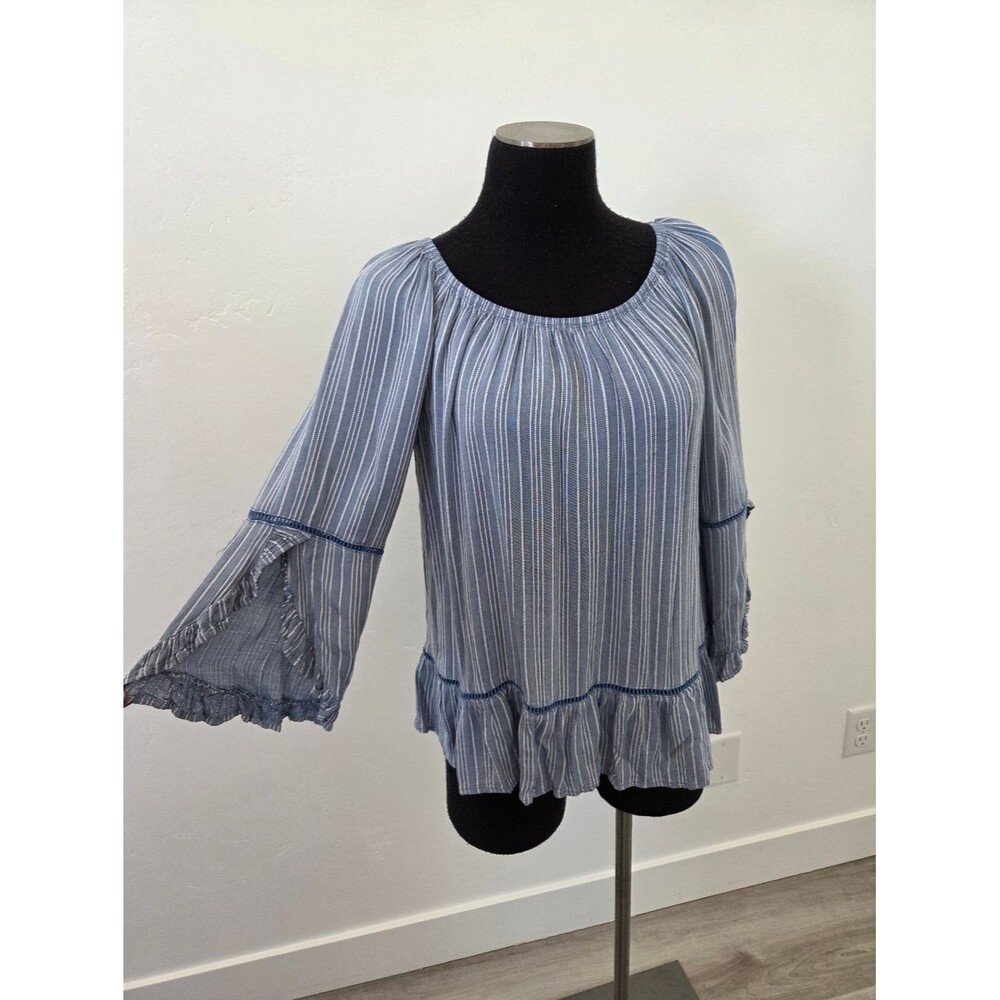 Fever Blue Striped Blouse Top Festival Fringe Hippie Boho Peasant Country Small